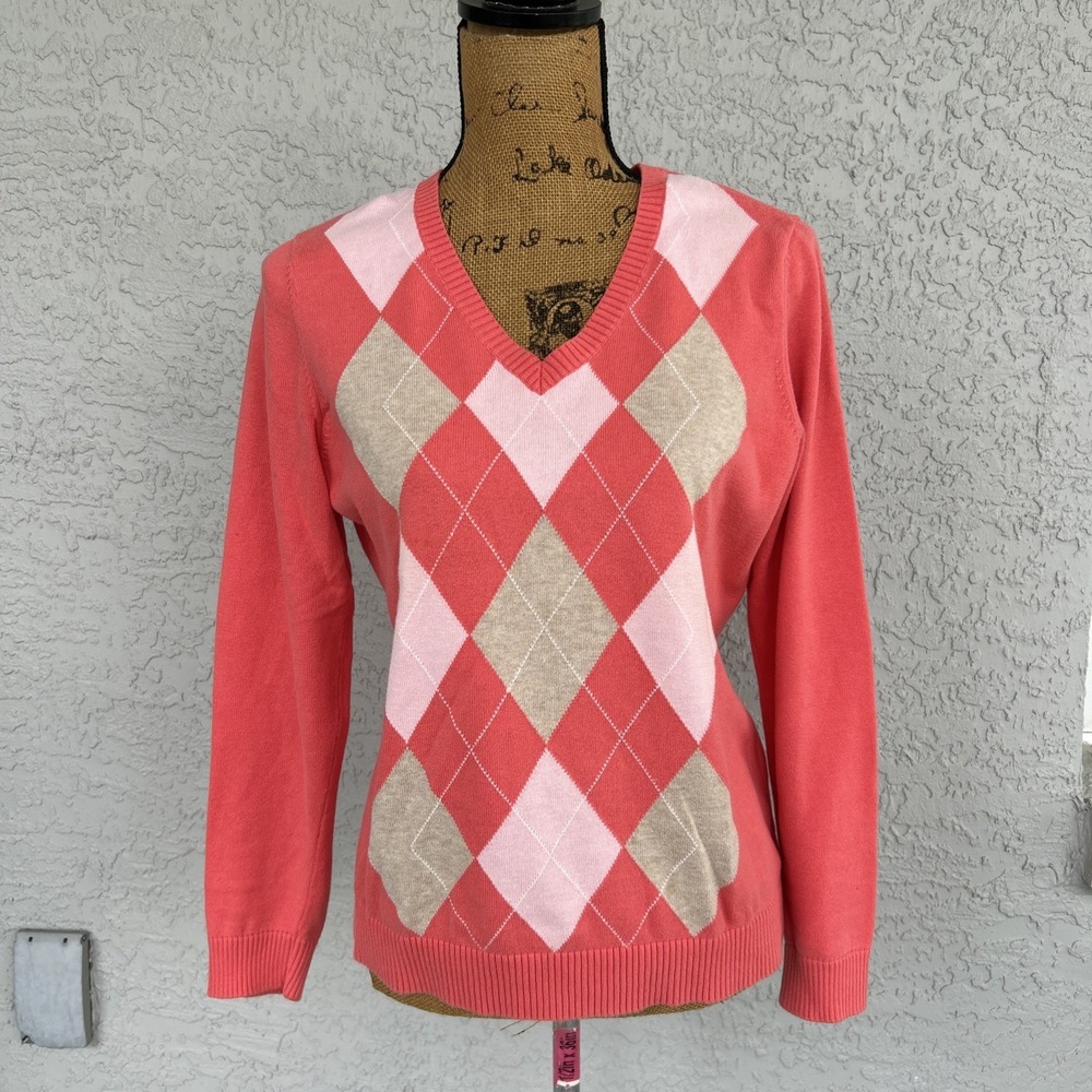 IZOD‎  Ladies Vneck Argyle Sweater Size Large Pink Coral Khaki All Cotton Preppy